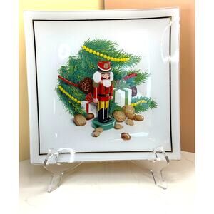 L.E. Smith Glass Nutcracker Reverse Painted Christmas Plate 9" Santa Cookies
